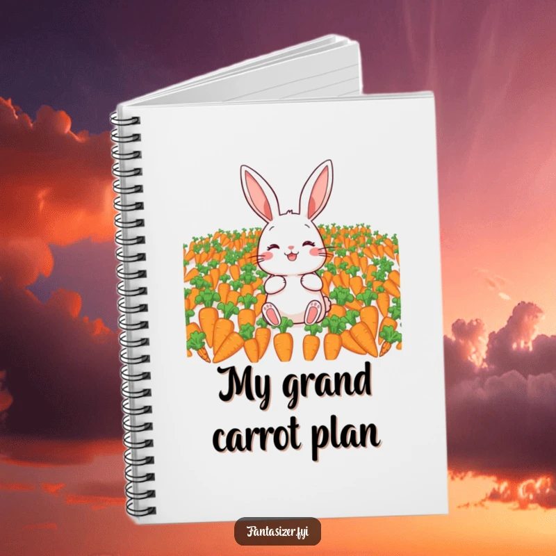 Funny notebook with a cover depicting a happy rabbit lost in a world of carrots, encouraging creative writing and funny notes.