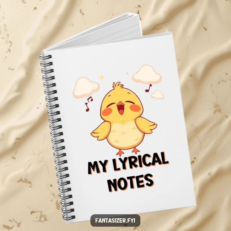 Funny notebook with a joyful bird singing on a cloud stage, ideal for writing, composing, and capturing musical dreams.