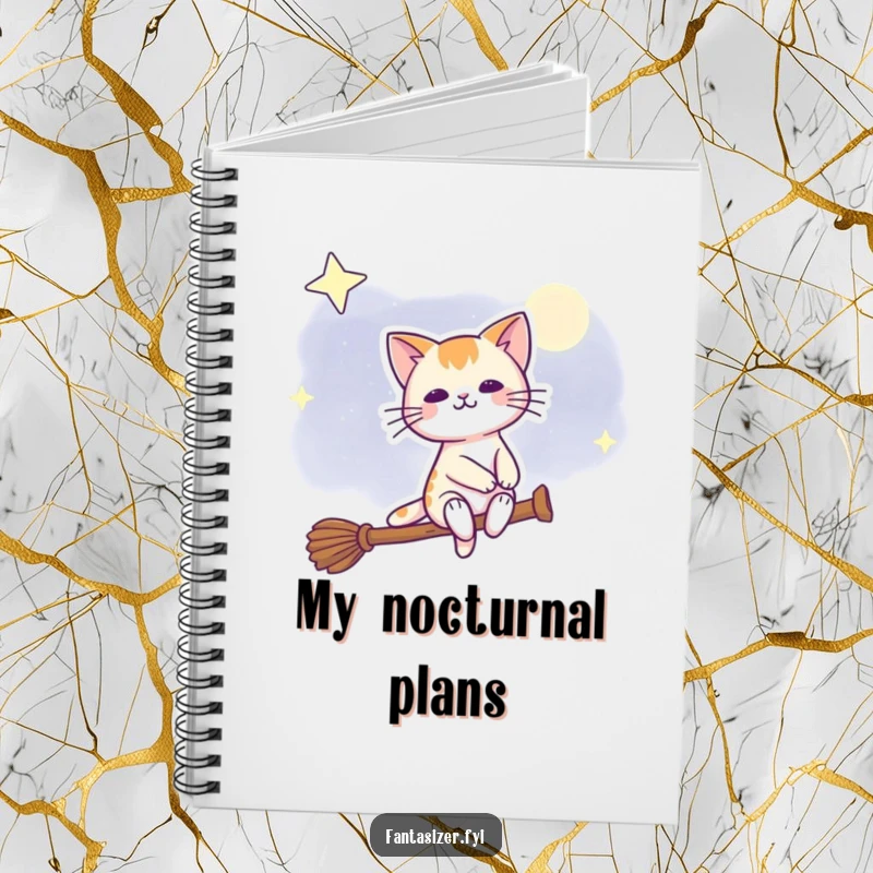 Funny notebook featuring a cat riding a broomstick through the night sky, ideal for jotting down magical notes.