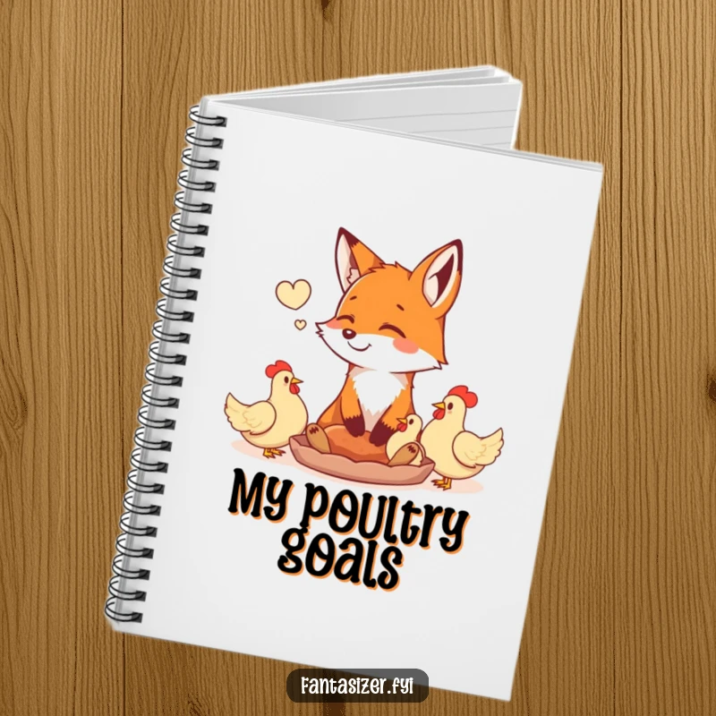 Funny happy fox daydreaming of a feast of plump chickens, on the cover of a notebook. A humorous and appetite-whetting design for capturing ideas.