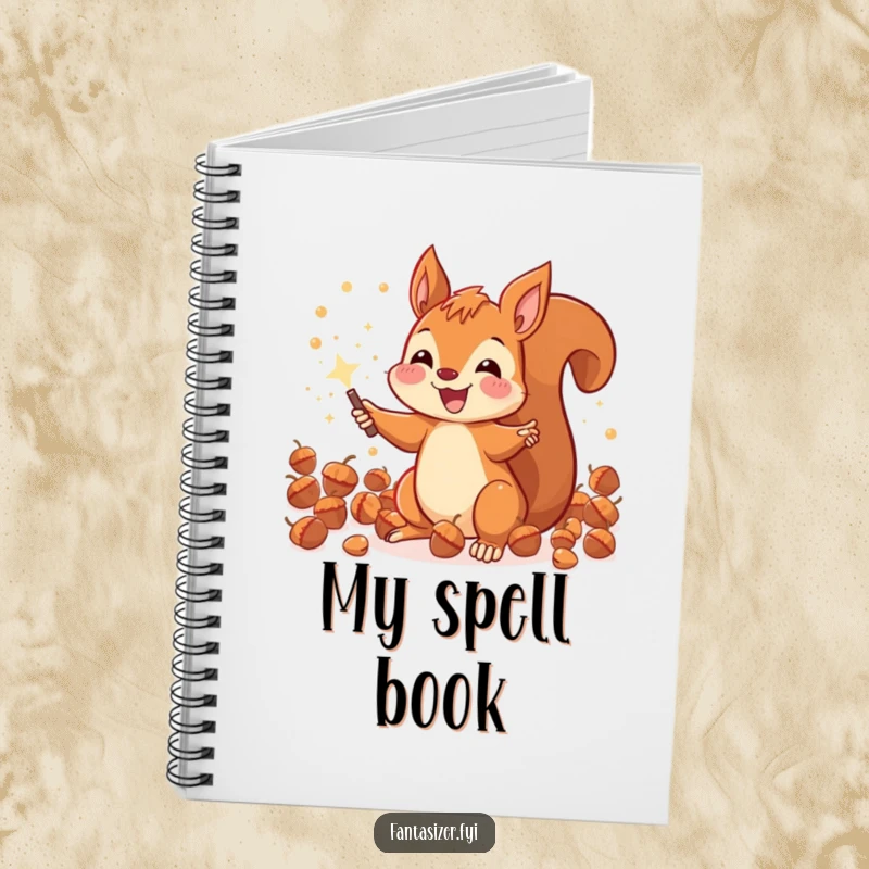 Funny joyous squirrel conjuring a shower of sparkling acorns with a magic wand, perfect for note-taking.