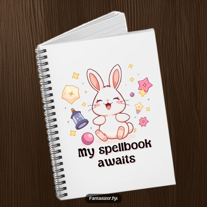 Funny rabbit notebook featuring a delighted bunny surrounded by floating magical objects, ideal for jotting down enchanted thoughts, a great gift.