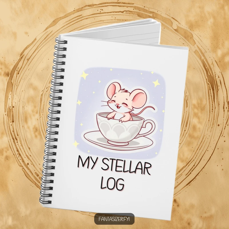 Funny notebook featuring a giggling mouse comically piloting a teacup through a starry sky, ideal for notes.