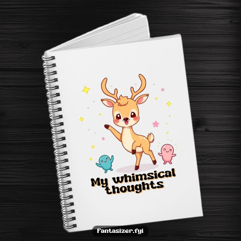 Funny notebook with a cheerful deer dancing with imaginary sparkling creatures, perfect for journaling joy.