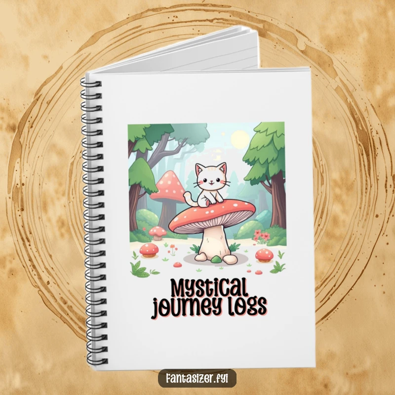 Funny notebook featuring a playful cat riding a giant mushroom through a fantasy forest, perfect for capturing adventurous thoughts.