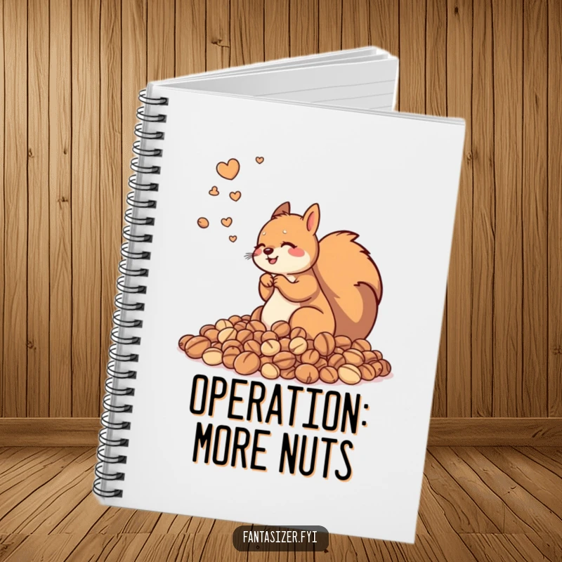 Funny notebook with a cover depicting a happy squirrel lost in a world of nuts, encouraging creative writing and funny notes.
