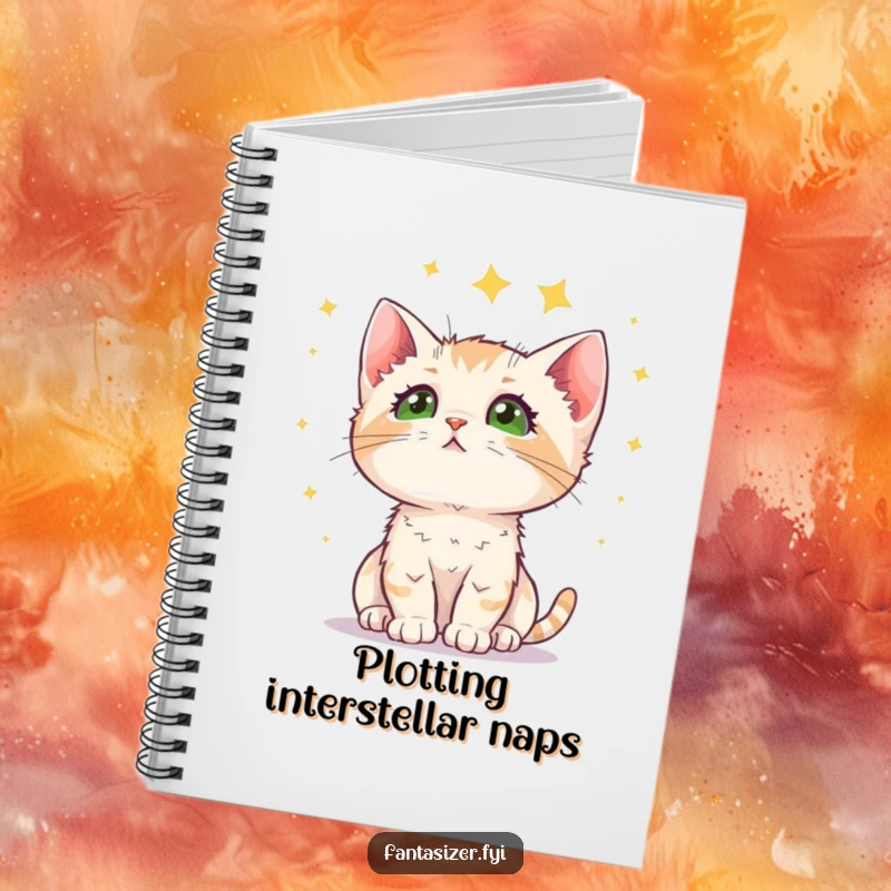 Funny kitten notebook with a curious cat gazing at a starry sky, perfect for writing down thoughts and dreams with a touch of wonder.