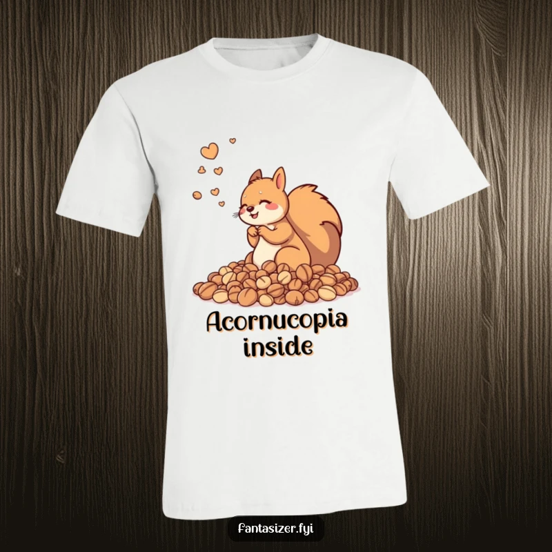 Funny t-shirt depicting a gleeful squirrel guarding an immense pile of nuts, a humorous celebration of abundance and obsession.