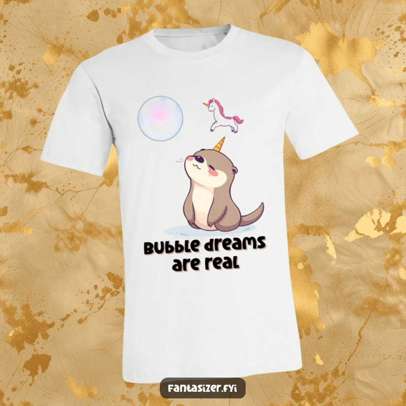Funny T-shirt showcasing a happy otter captivated by a floating soap bubble unicorn, embodying a charming and whimsical spirit.