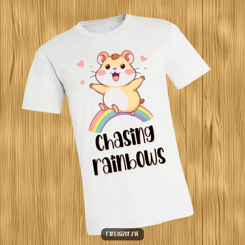 Funny Hamster T-Shirt: A delighted hamster rides a colorful rainbow with an expression of pure wonder and excitement.