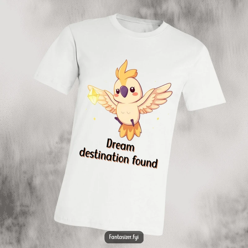 Funny parrot character flying towards a glowing dream crystal on a t-shirt, representing ambition and aspiration.