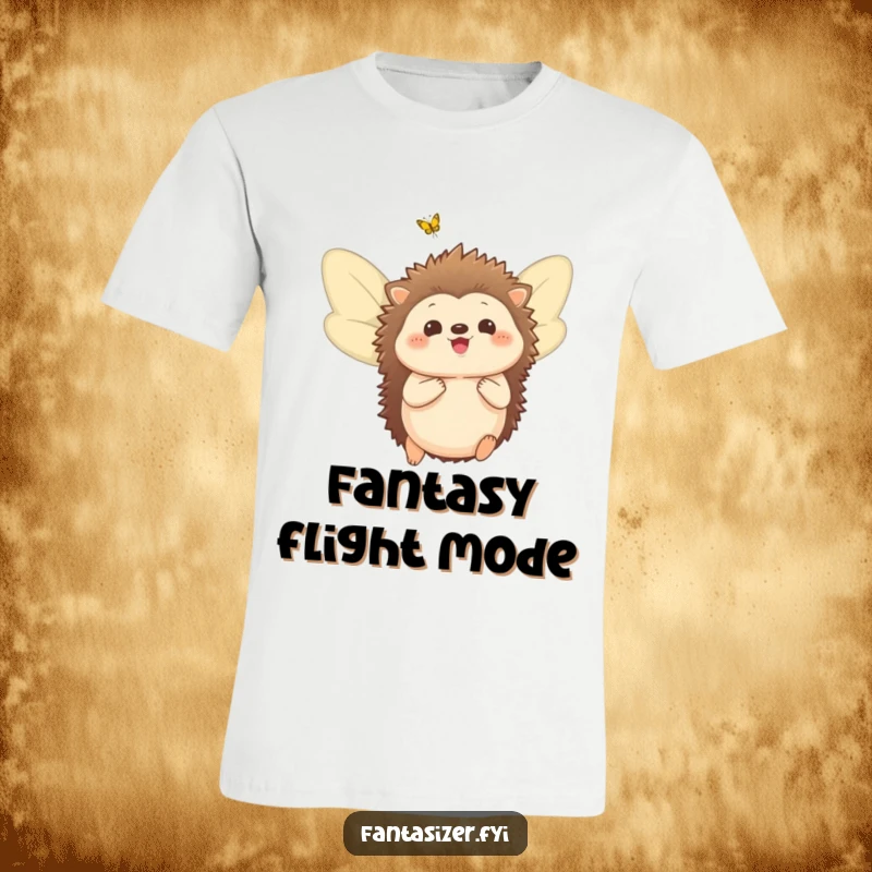 Funny T-shirt showcasing a delighted hedgehog sporting vibrant butterfly wings, about to take flight in a whimsical fantasy.