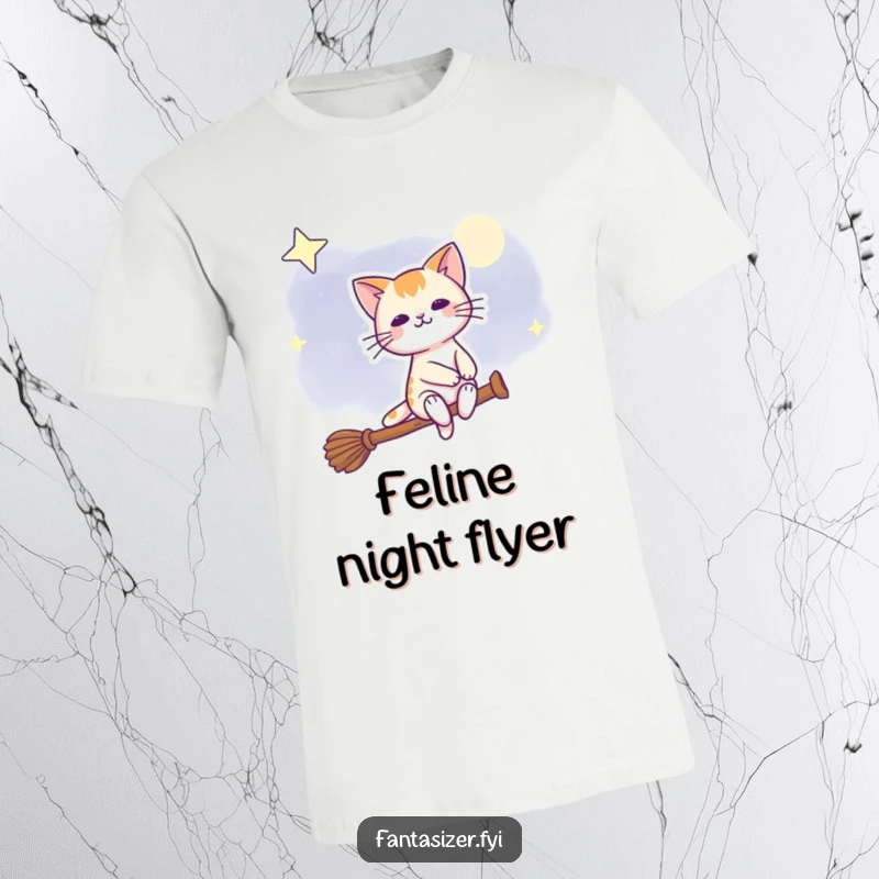 Funny t-shirt depicting a joyful cat riding a broomstick through a starry night sky, full of magical delight.