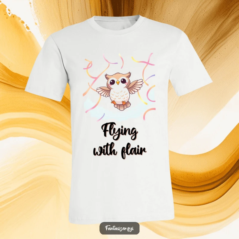 Funny Owl Soaring T-Shirt: A cheerful owl flies amidst colorful ethereal ribbons, a funny gift for whimsical individuals.