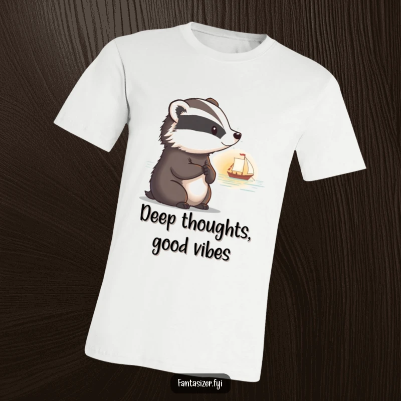 Funny t-shirt featuring a thoughtful badger with a faraway look, watching a boat sail into a picturesque sunset.