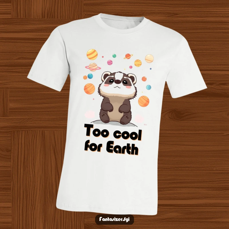 Funny t-shirt featuring a whimsical badger looking up at a sky full of colorful planets, celebrating imagination and space exploration.