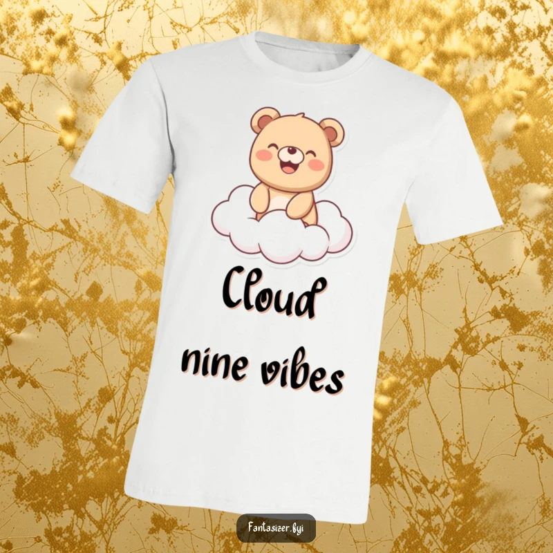 Funny Bear T-Shirt: Smiling bear joyfully rides a fluffy cloud, expressing pure happiness and fun, a great funny gift.