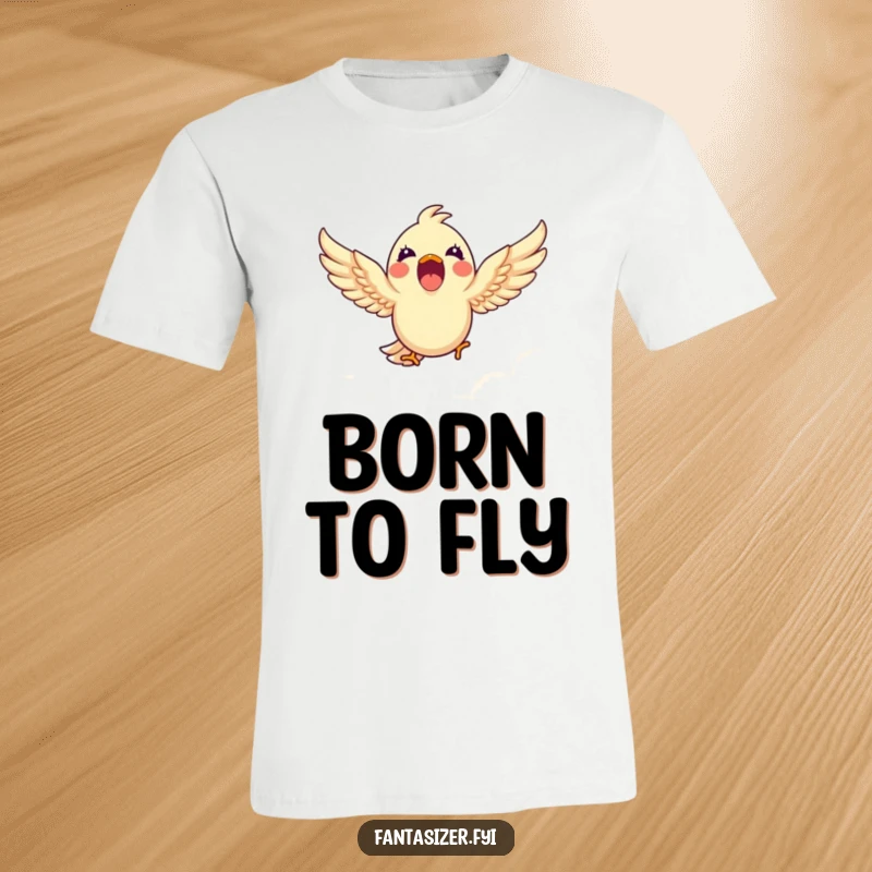 Funny t-shirt depicting a gleeful bird soaring through a sky filled with clouds, a humorous celebration of freedom and flight.