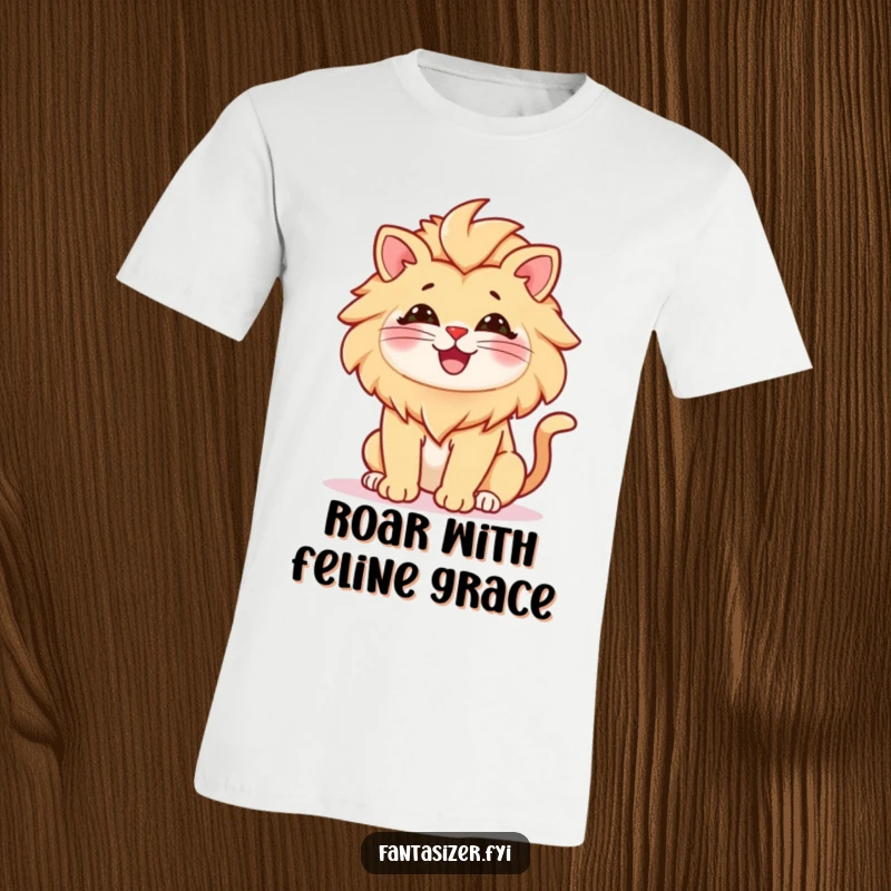 Funny t-shirt of a small, cheerful cat with a majestic lion's mane, dreaming of greatness, a funny graphic tee for any occasion.