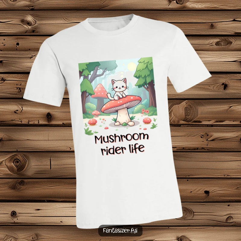 Funny t-shirt featuring a playful cat character riding a giant mushroom through a magical fantasy forest, celebrating imagination.