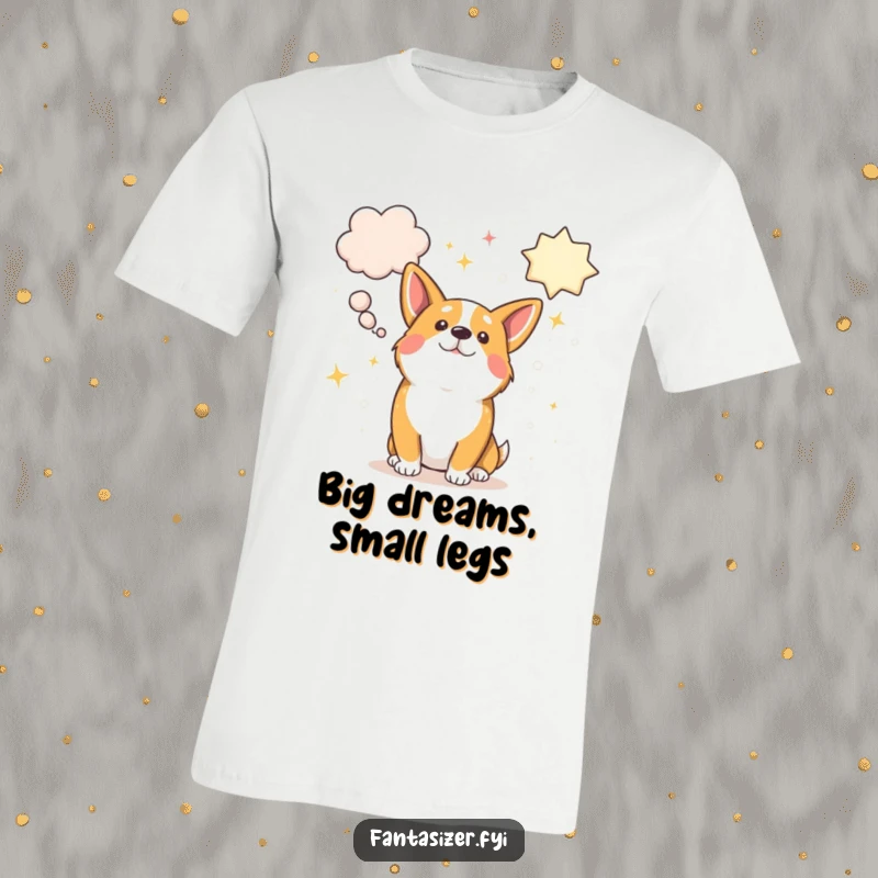 Funny, adorable corgi dog fantasizing with huge, sparkling thought bubbles filled with whimsical dreams, a cute tee.