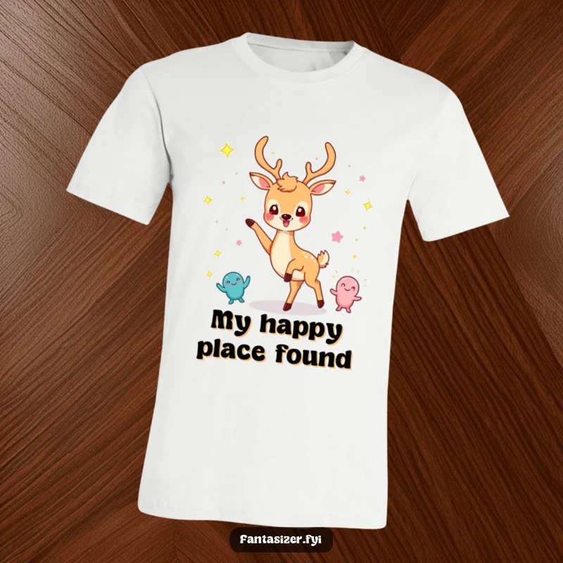 Funny t-shirt showcasing a cheerful deer dancing wildly with imaginary sparkling creatures, radiating pure joy.