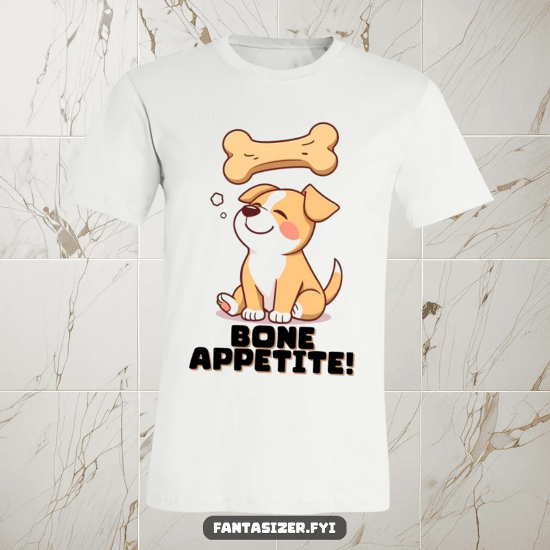 Funny t-shirt depicting a happy dog in a state of blissful slumber, dreaming of an enormous floating bone.