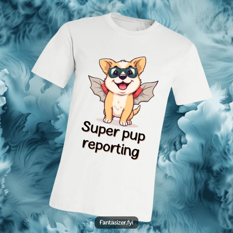 Funny t-shirt featuring a happy dog with a goofy grin, wearing imaginary superhero wings, ready to fly.