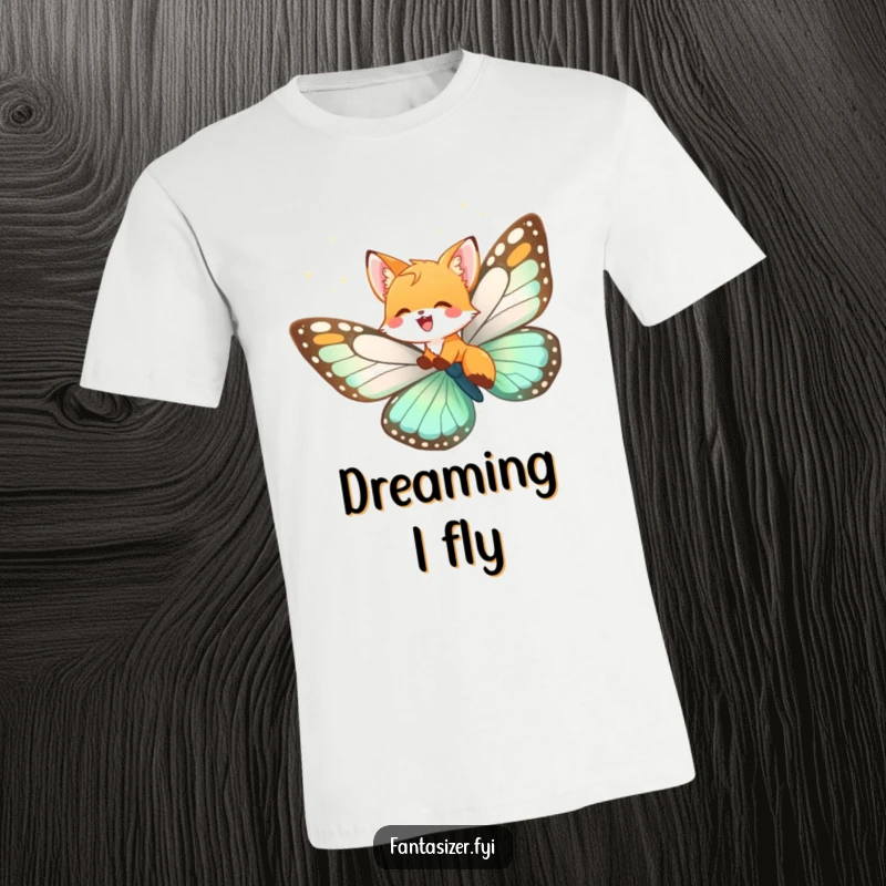 Funny fox cub t-shirt, a joyful cub riding a giant butterfly through the sky, showcasing wonder and adventure.
