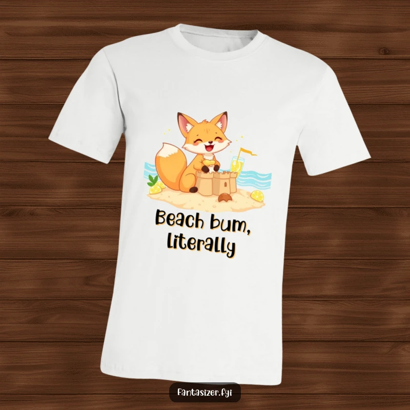 Funny giggling fox constructing a grand sandcastle by a sparkling lemonade ocean, t-shirt, perfect funny gift.