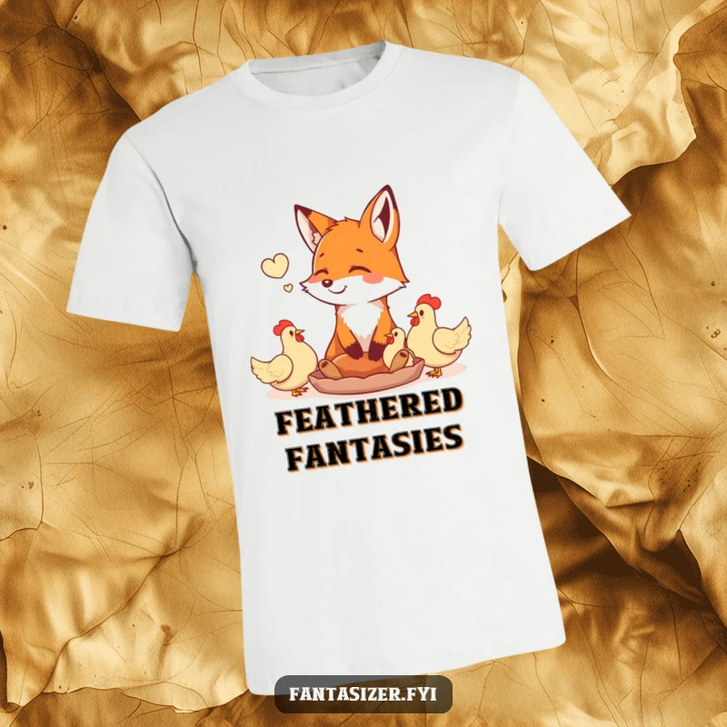Funny happy fox daydreaming of a feast of plump chickens, printed on a t-shirt. A humorous representation of desire and food-focused thoughts.