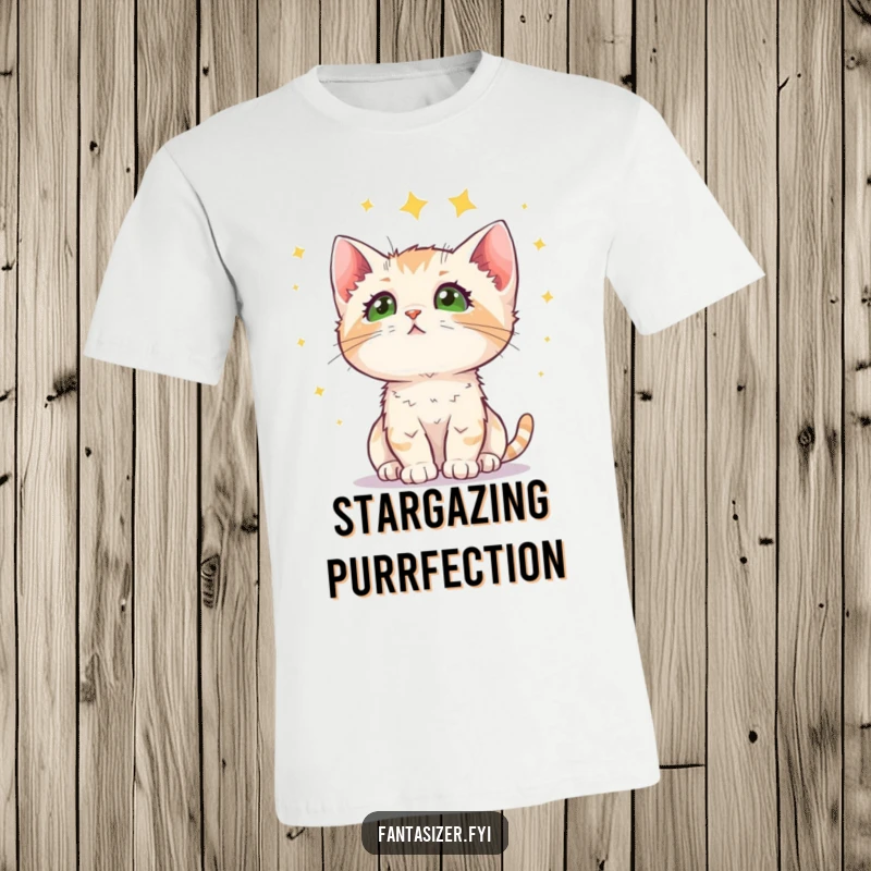 Funny kitten t-shirt showing a curious cat looking up at a vast, starry night sky with pure wonder, a humorous and cute gift.