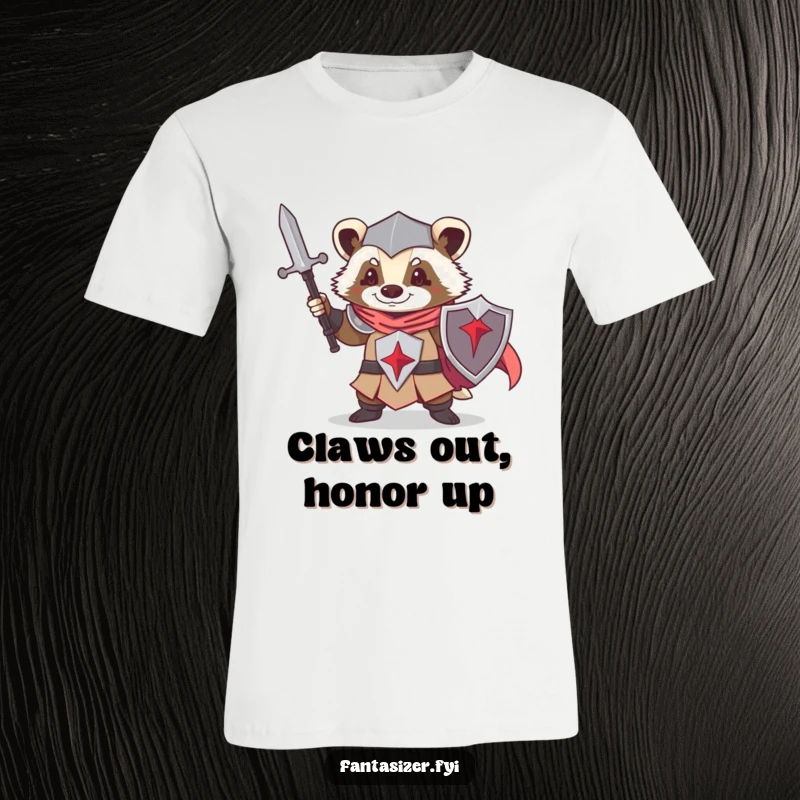 Funny t-shirt showcasing a determined badger in knight armor, imagining epic battles, a hilarious gift for fantasy fans.