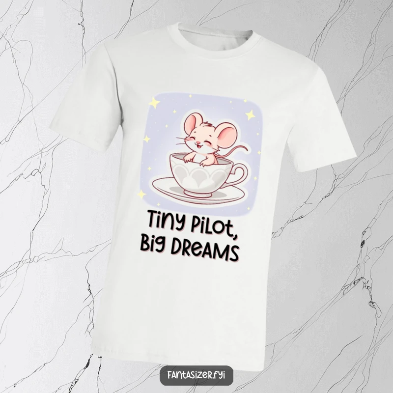 Funny t-shirt featuring a giggling mouse comically piloting a teacup through a magical, starry cosmos, full of wonder.