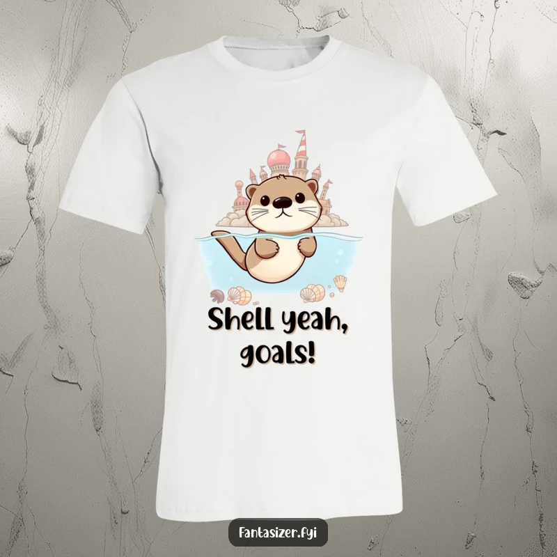 Funny Otter Explorer T-Shirt, a determined otter swimming towards a sparkling seashell city, conveying ambition and humor.