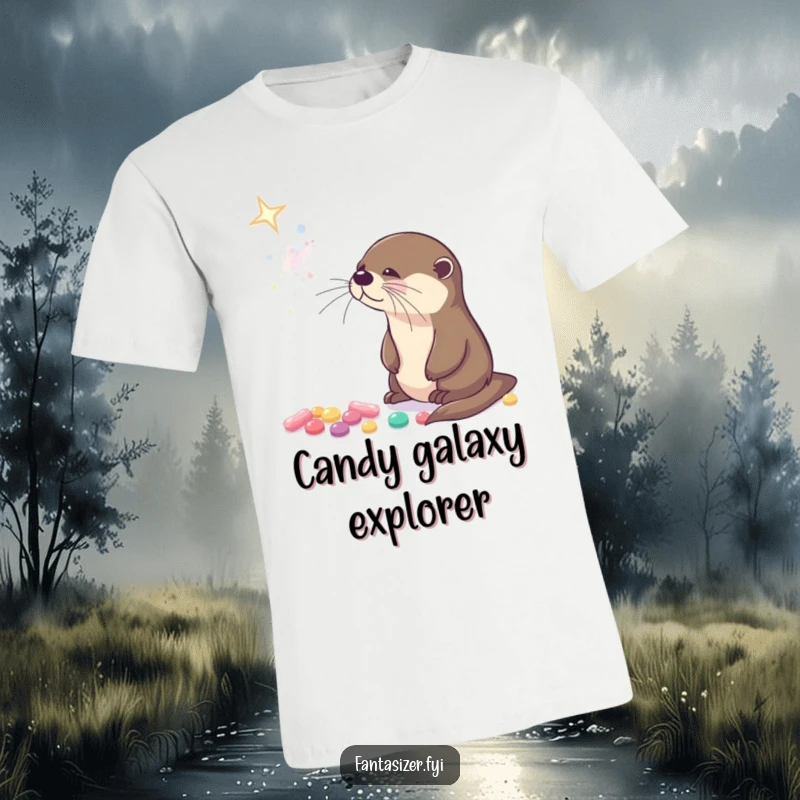 Funny t-shirt graphic of a curious otter looking up at a glittering galaxy composed of tiny candies.