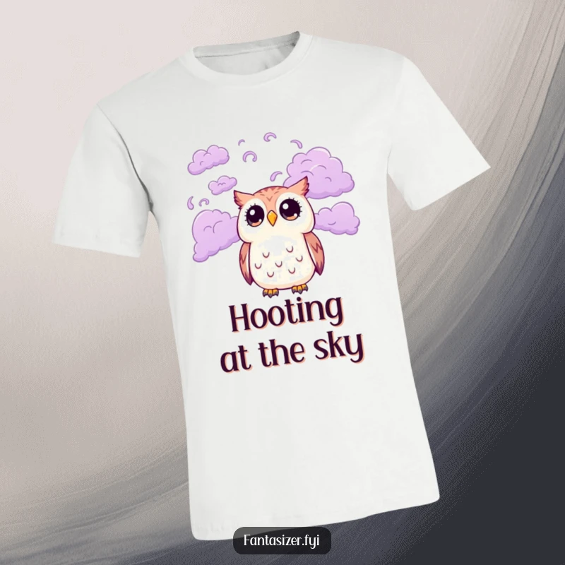 Funny t-shirt showing a cute owl with big, surprised eyes looking up at a sky filled with dynamic, swirling purple clouds, perfect for dreamers.