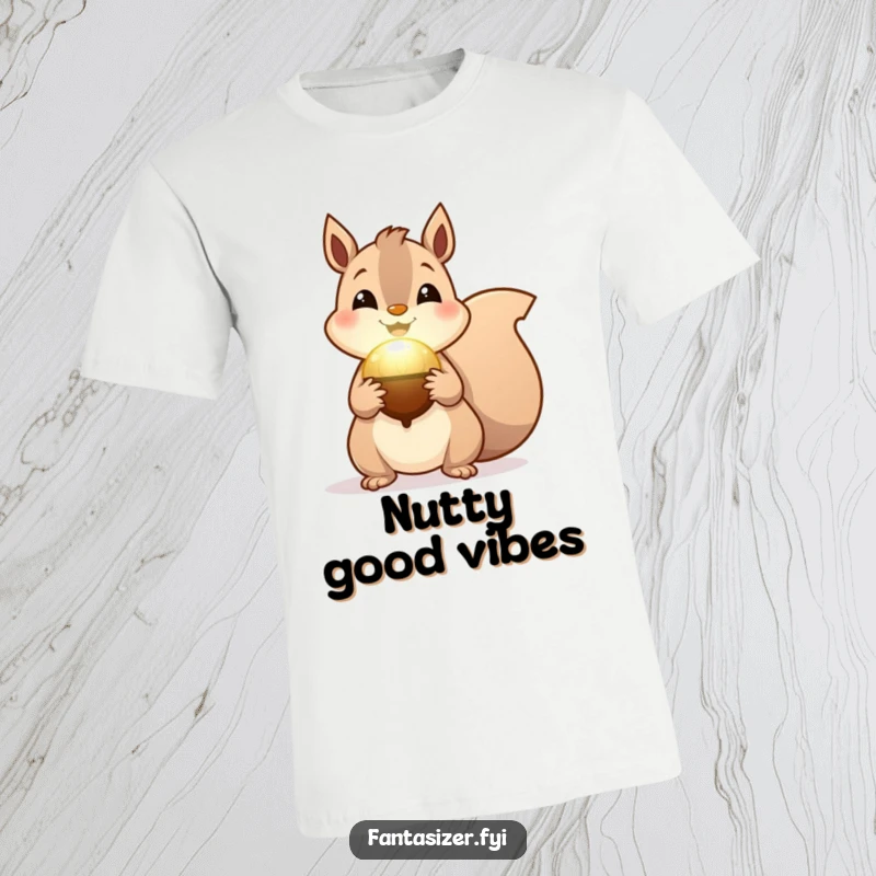 Funny Squirrel Enchantment T-Shirt, a cheerful squirrel holding a softly glowing magical acorn, embodying wonder and humor.