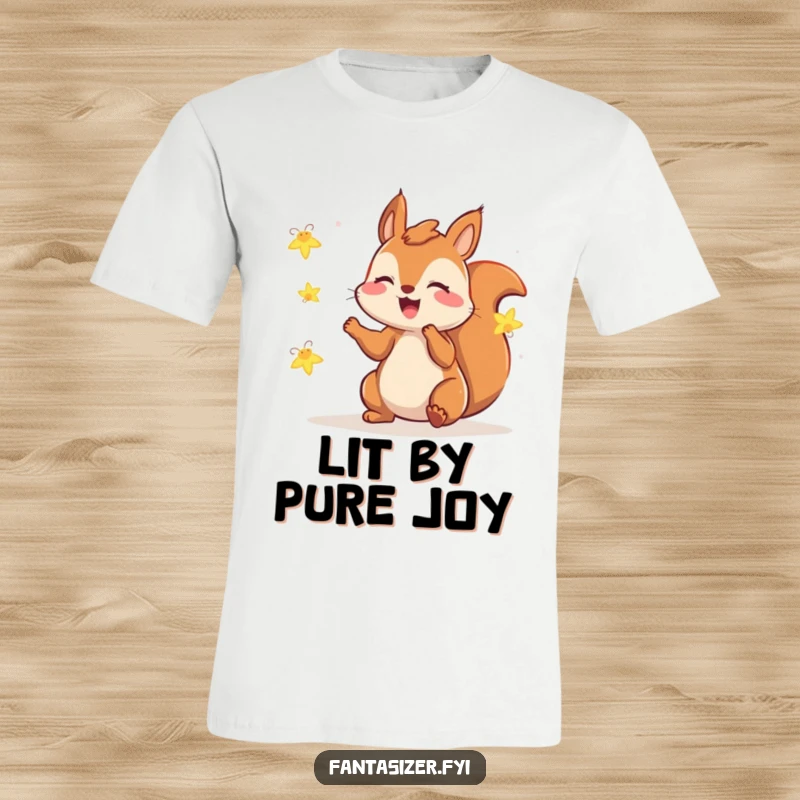 Funny squirrel t-shirt depicting a gleeful squirrel joyfully playing with luminous fireflies, a humorous and magical night scene.