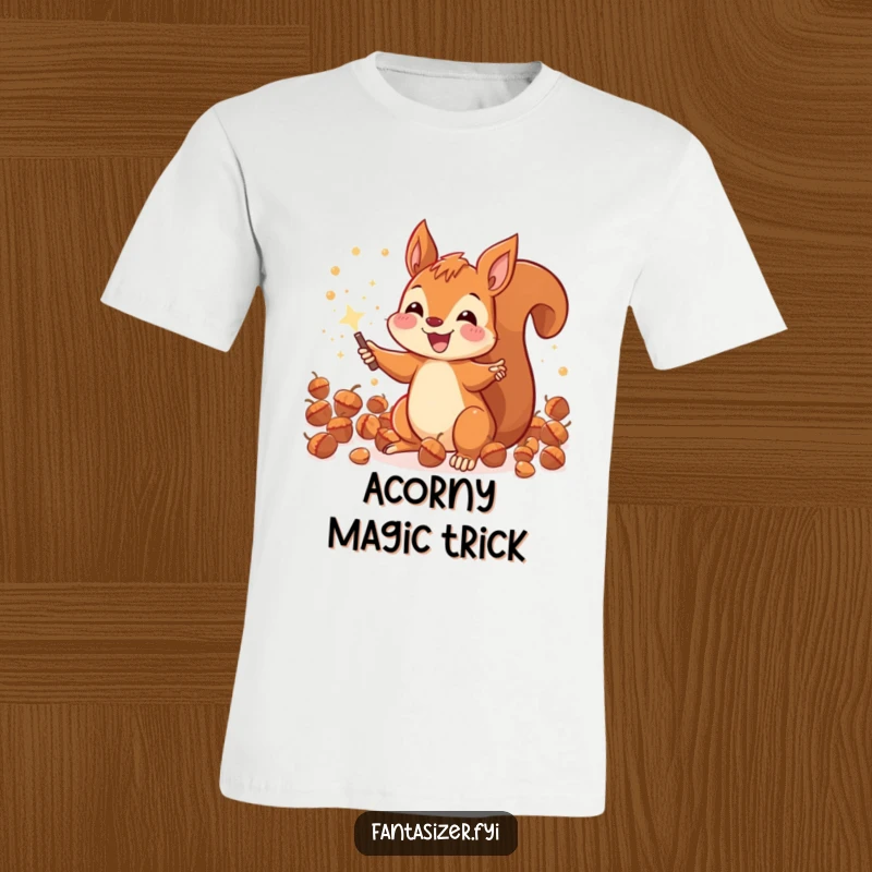 Funny, joyous squirrel holding a magic wand, conjuring a cascade of sparkling acorns, a magical tee.