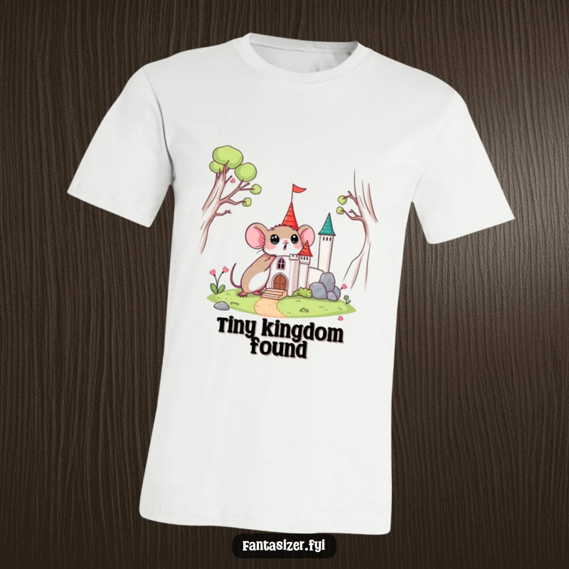 Funny t-shirt showing a surprised mouse finding a miniature castle, capturing a delightful moment of discovery.