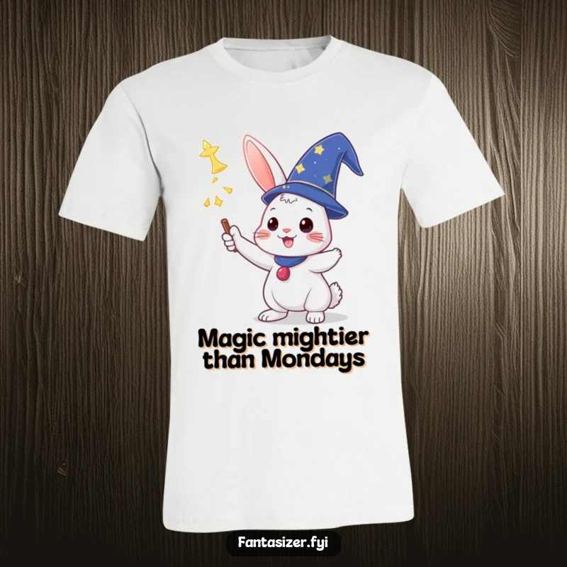 Funny t-shirt showing a triumphant rabbit in a wizard hat casting a spell with sparkling magic effects.