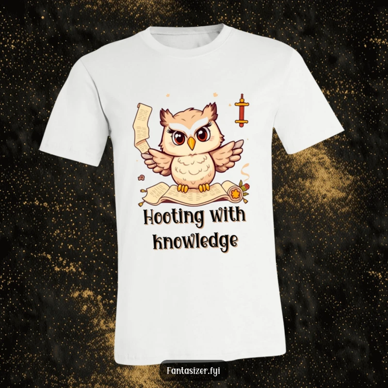 Funny t-shirt with a delighted owl surrounded by ancient scrolls, representing wisdom and humor, a great gift.