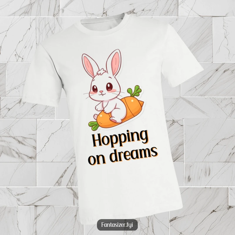 Funny T-shirt featuring a wide-eyed rabbit adventurously riding a carrot through the sky, embodying playful fantasy.