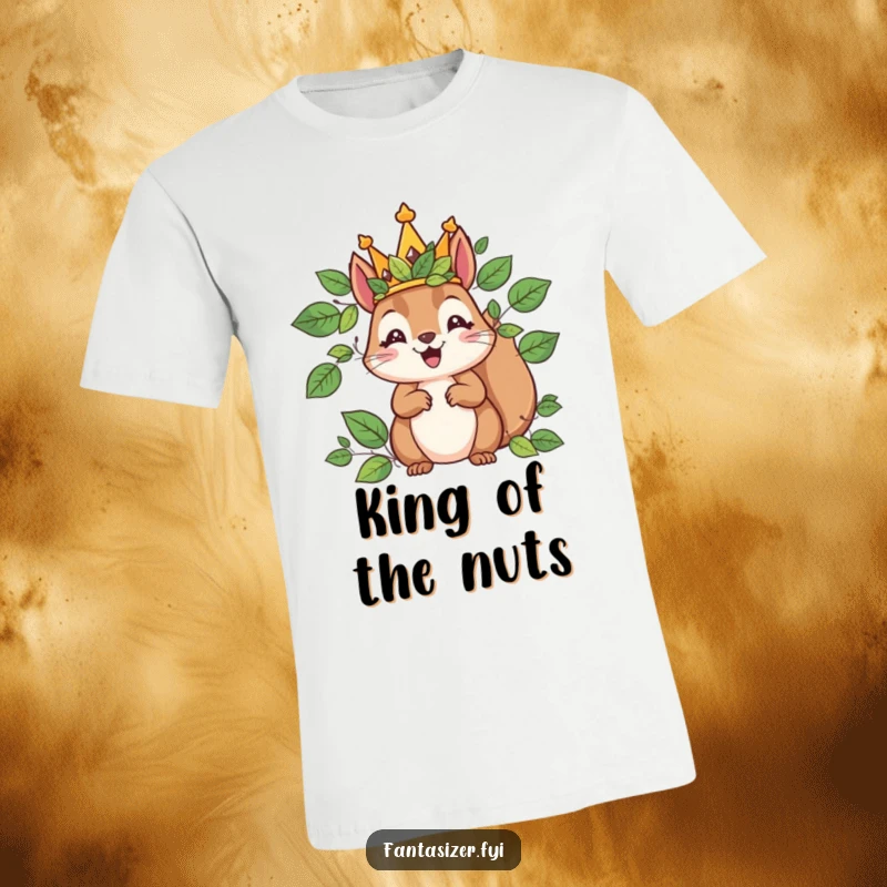 Funny T-shirt showcasing a delighted squirrel in a leaf crown, ruling a miniature kingdom with a sense of fun and authority.