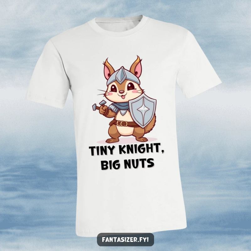 Funny t-shirt showing a squirrel in knightly armor, looking brave and ready to defend its territory with a tiny sword.