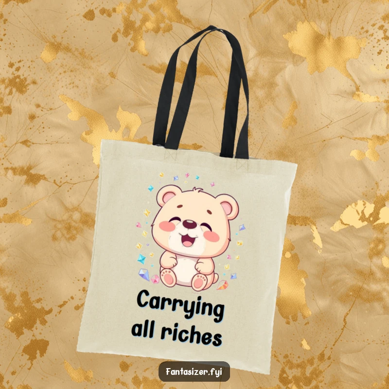Funny Bear Gemstone Tote Bag: A happy bear looks at a world of sparkling gems, a humorous and practical funny gift.