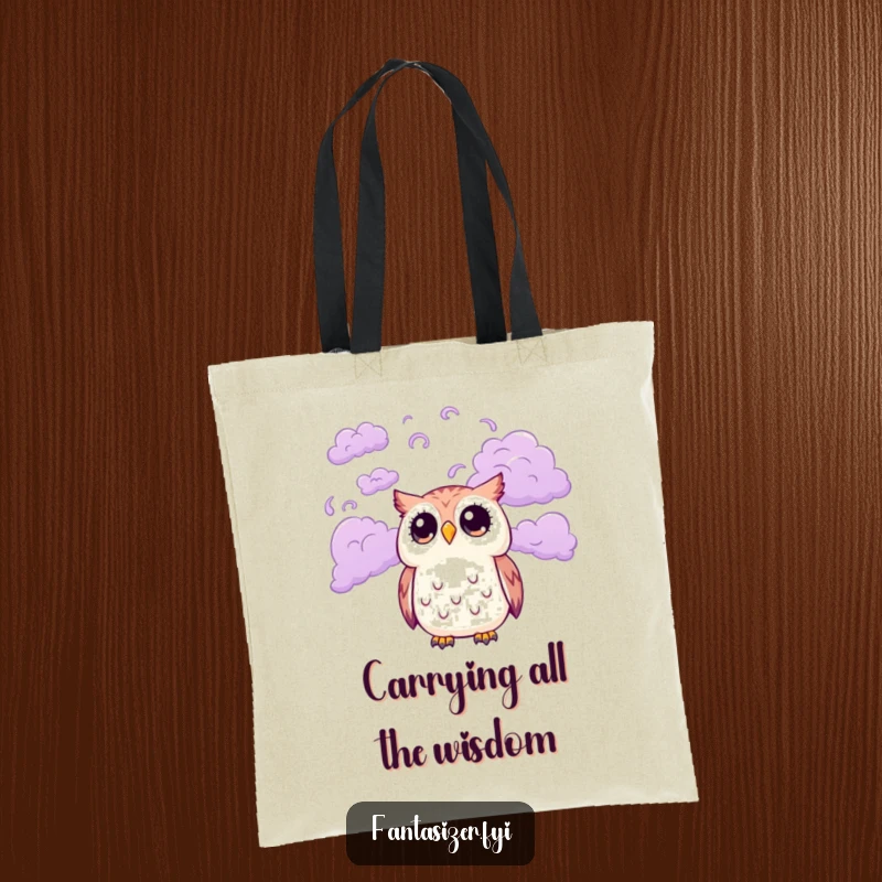 Funny tote bag with a cute owl character with wide eyes looking up at a sky filled with swirling purple clouds, perfect for carrying essentials humorously.