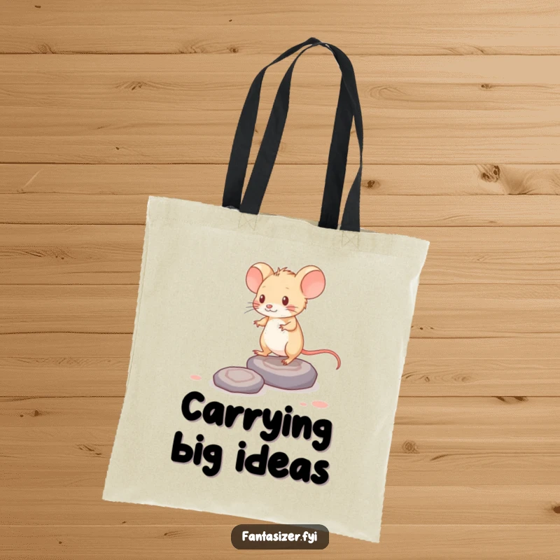 Funny tote bag showing a brave mouse stepping on thought-stones, a practical and intellectual accessory.