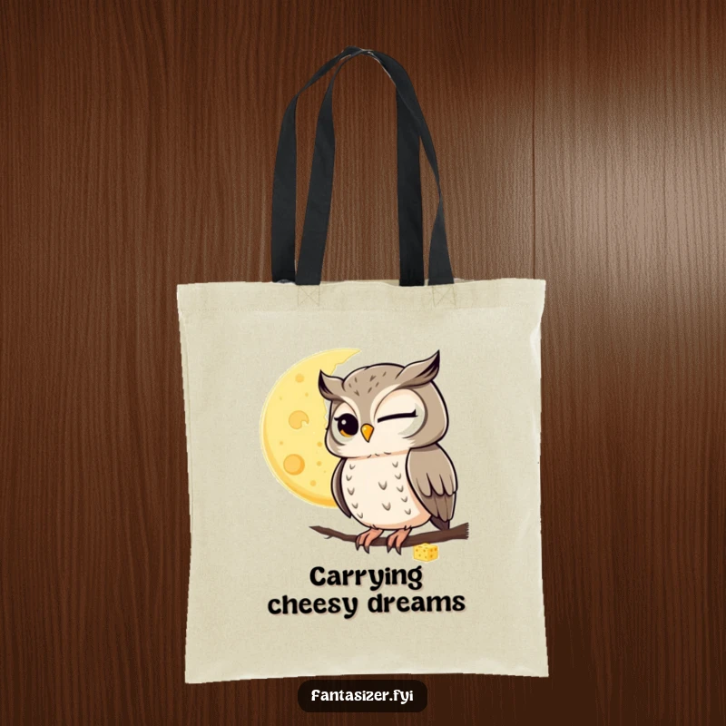 Funny tote bag with a winking owl observing a moon made of cheese, perfect for carrying lunar snacks.